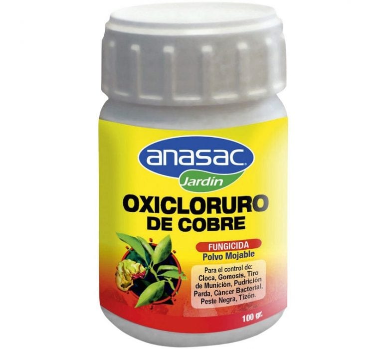 Oxicloruro de cobre en polvo, fungicida de color azul verdoso