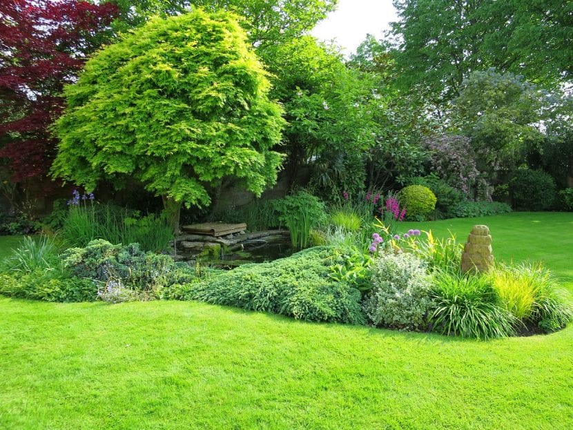 Jardín con macizos de vivaces y estructura definida